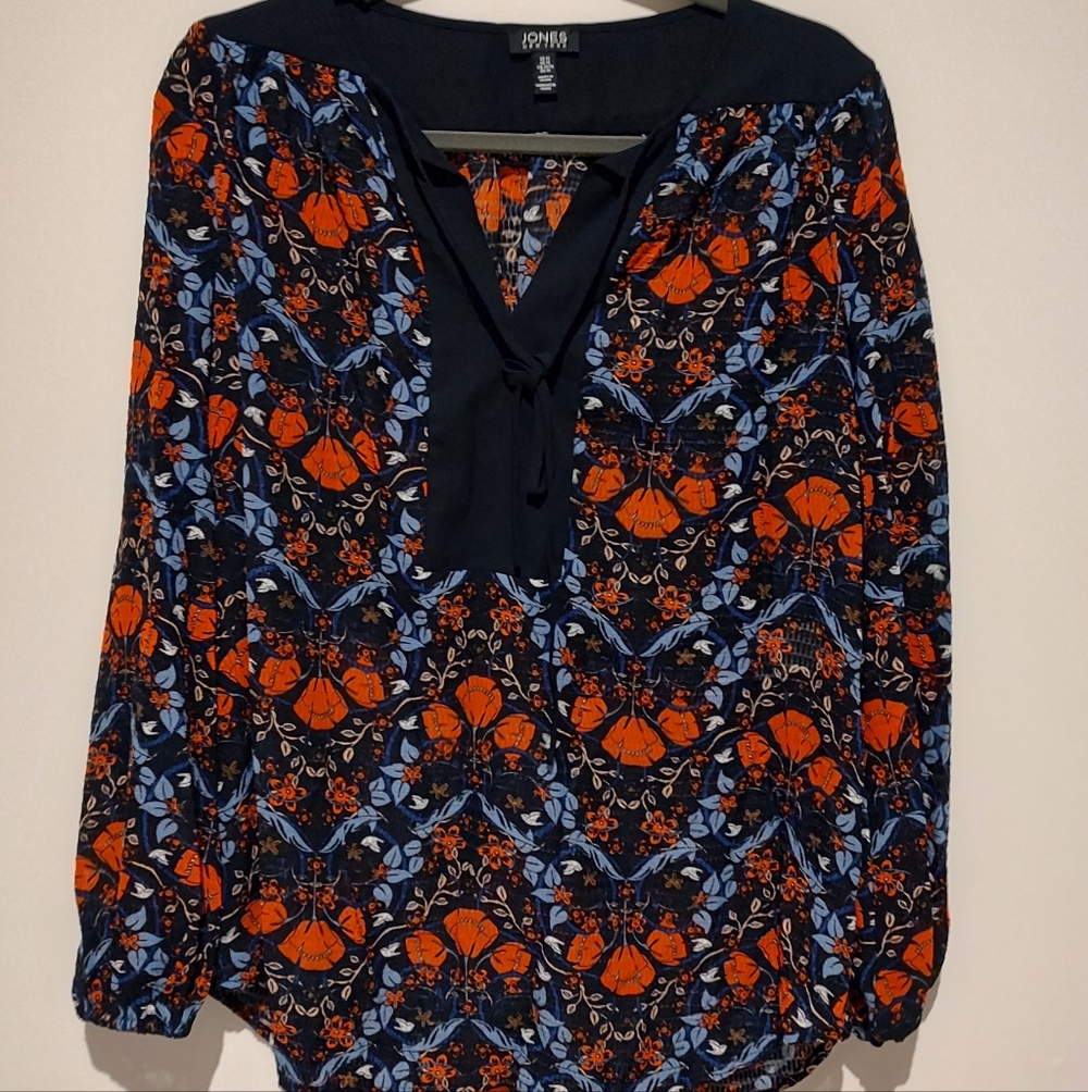 Blue Floral Peasant Boho Sheer Business Casual Feminine Top Resort Travel